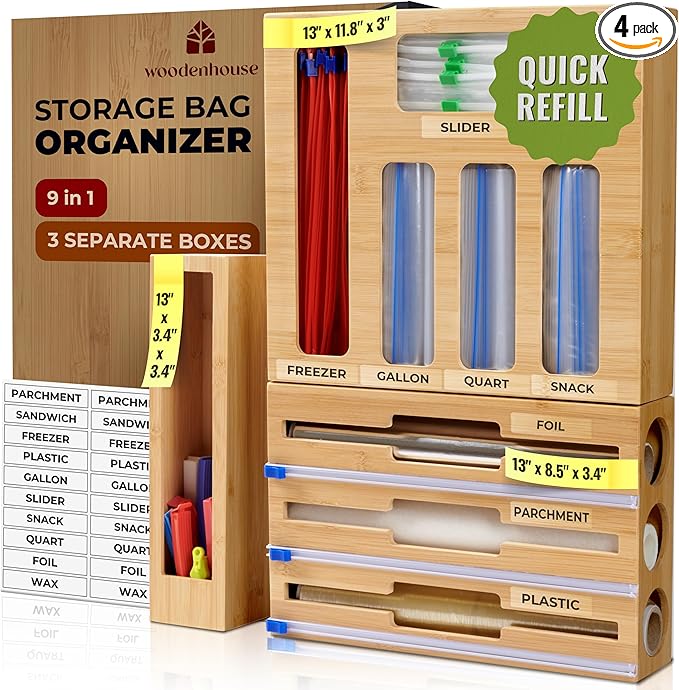 Kitchen Drawer Organizer, 9 in 1 Sandwich Storage Bag Organizer & Foil Wrap by Woodenhouse