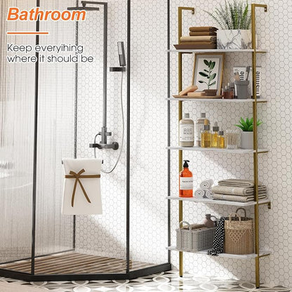 5 Tiers Ladder Shelf White Marble Modern Bookshelf Open Tall Wall Mount - Image 4