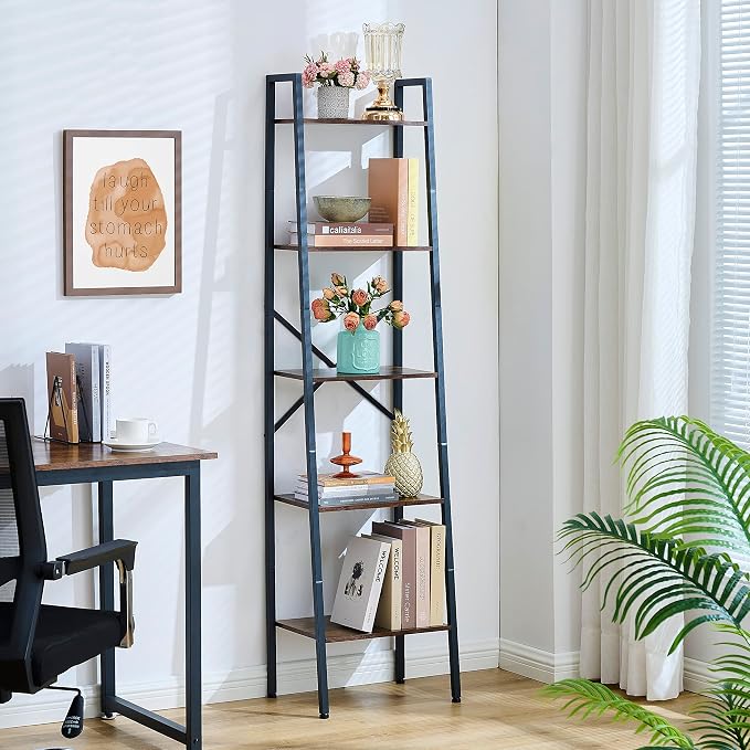Hoctieon Industrial Ladder Bookshelf, 5-Tier Tall Bookshelf, Open Ladder Shelf - Image 4