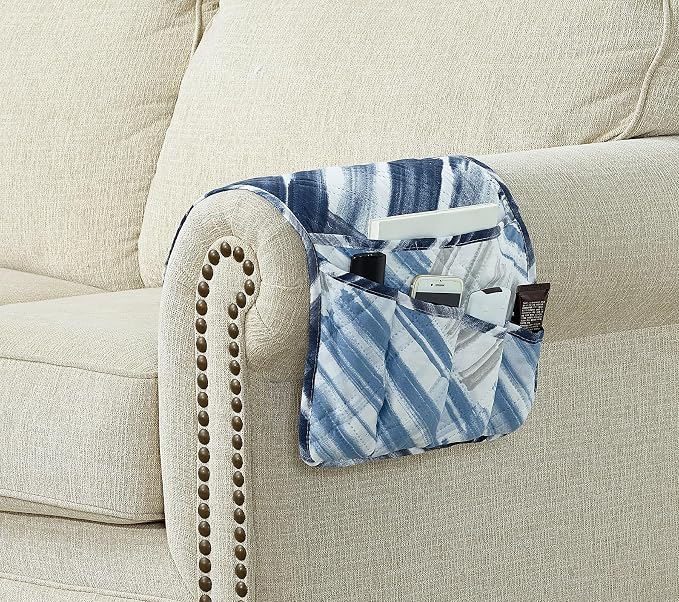 Brilliant Sunshine Blue Grey Stripes Patchwork Couch Armrest 5 Pockets Organizer - Image 2