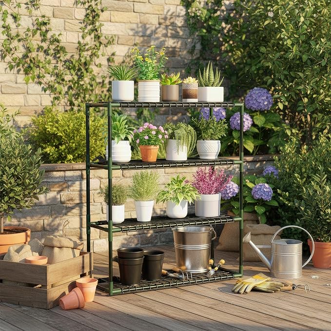 Joyside Outdoor Plant Shelves, 4 Tier 2 Pack Metal Stable Greenhouse Shelving - Image 2