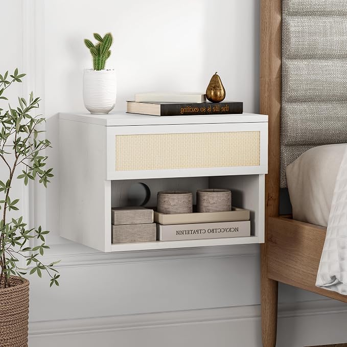 Rattan Floating Nightstands Set of 4, Wall Mounted End Table - Image 7