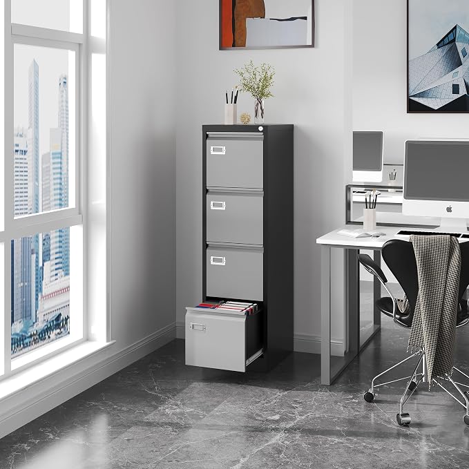 File Cabinets - 4 Drawers Vertical 17.8" Deep Lockable Filing Cabinet - Black & - Image 2