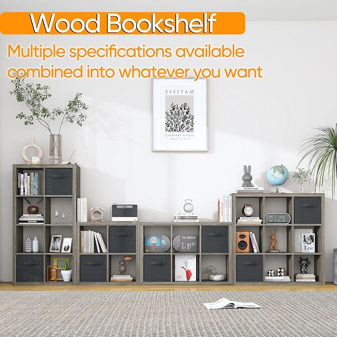 furtble Bookshelf with Storage Bins, 12-Cube Storage Organizer, Modern Wood - Image 4