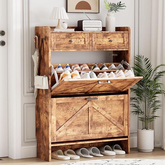 Shoe Cabinet with 2 Flip Drawers & 2 Top Drawers, Hidden Slim Shoe Rack by Xixini