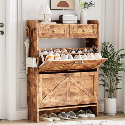 Shoe Cabinet with 2 Flip Drawers & 2 Top Drawers, Hidden Slim Shoe Rack by Xixini