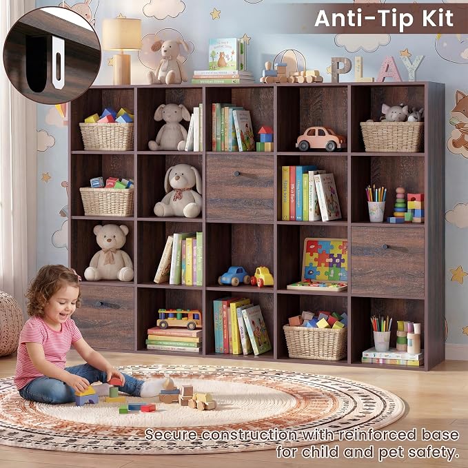 Walnut Cube Storage Bookcase 2-Pack, Rustic Brown 20 Cube Storage Organizer - Image 7