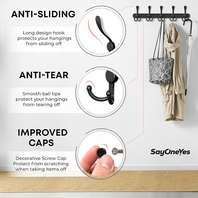 Coat Rack Wall Mount with 5 Tri Hooks, Stainless Steel 16 Inch – Black Matte - Image 3