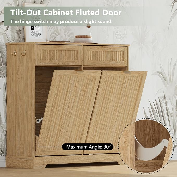 2 x 13 Gallons Double Tilt Out Trash Can Cabinet, Wooden Fluted Trash Garbage - Image 5