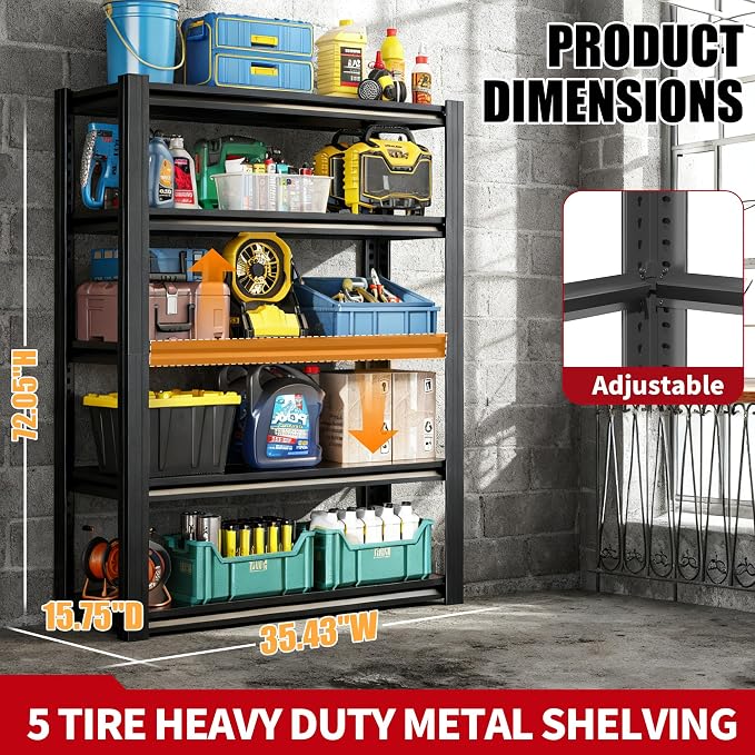 72" H Garage Shelving, Metal Storage Shelves, Adjustable 5 Tier Storage Rack - Image 2
