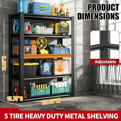 72" H Garage Shelving, Metal Storage Shelves, Adjustable 5 Tier Storage Rack - Image 2