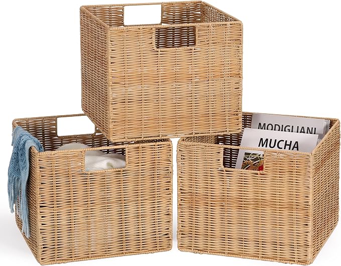 12X12X10in Plastic Wicker Storage Basket, Collapsible Wicker Cube Storage - Image 6