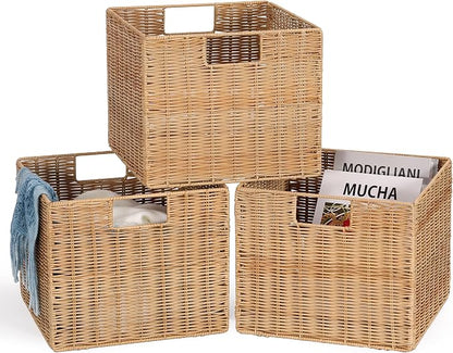12X12X10in Plastic Wicker Storage Basket, Collapsible Wicker Cube Storage - Image 6