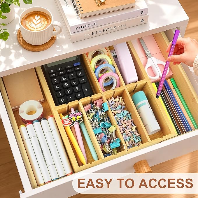 TREWAVE Bamboo Desk Drawer Organizer, Expandable Drawer Organizer Tray - Image 6