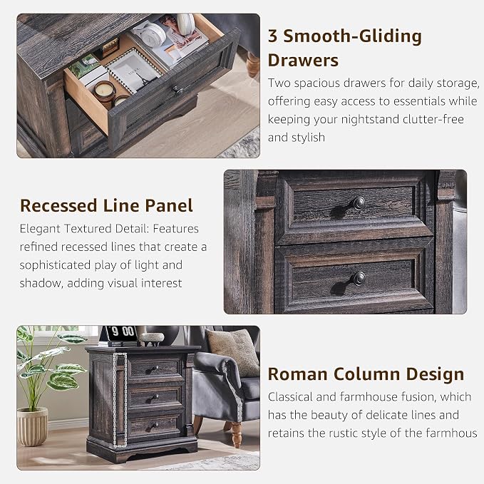 T4TREAM 24" Wide 3 Drawer Dressers, Farmhouse 26" Tall Bedside Side Table - Image 5