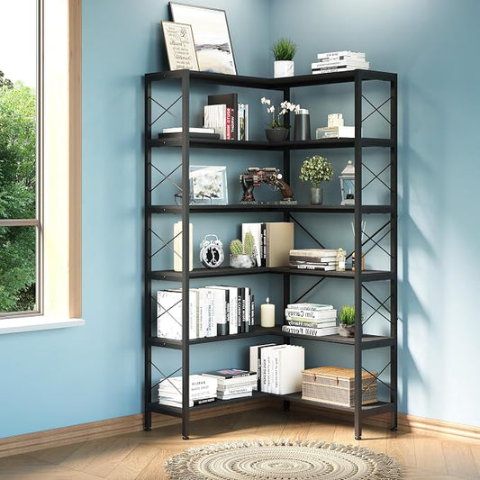 6-Shelf Corner Bookshelf, Vintage Industrial Corner Bookshelf Etagere Bookcase by WildhomeYourHomeFurnishingSolution