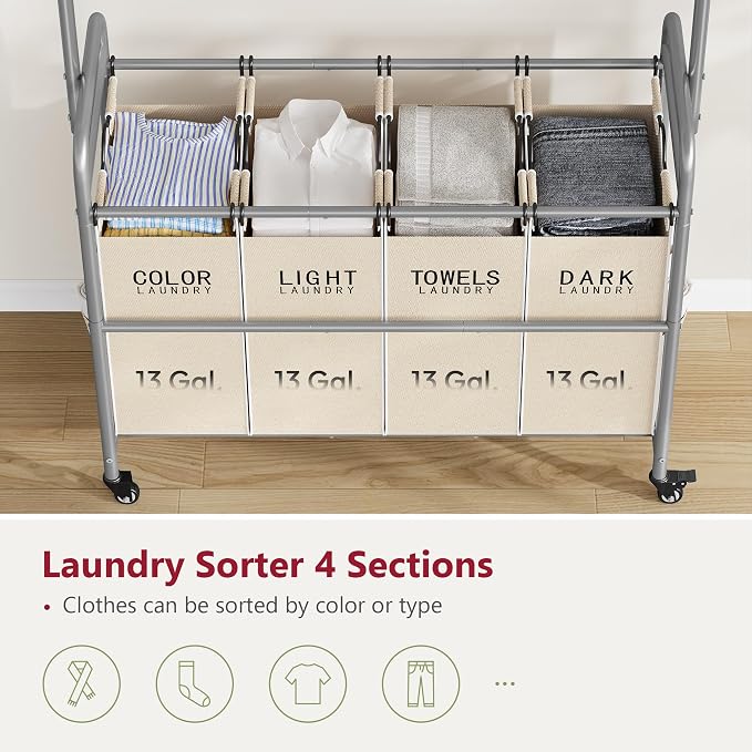 Tajsoon Laundry Hamper with Hanging Rack, Laundry Sorter 4 Sections, 4 Basket - Image 4