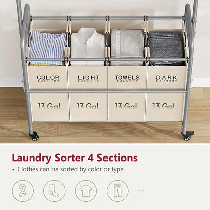 Tajsoon Laundry Hamper with Hanging Rack, Laundry Sorter 4 Sections, 4 Basket - Image 4