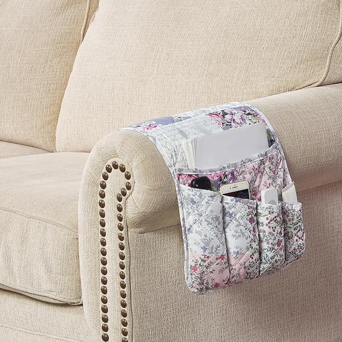 Brilliant Sunshine Rose Toile Couch Sofa Armrest 5 Pockets Organizer, Slip - Image 6
