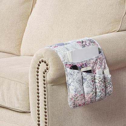 Brilliant Sunshine Rose Toile Couch Sofa Armrest 5 Pockets Organizer, Slip - Image 6