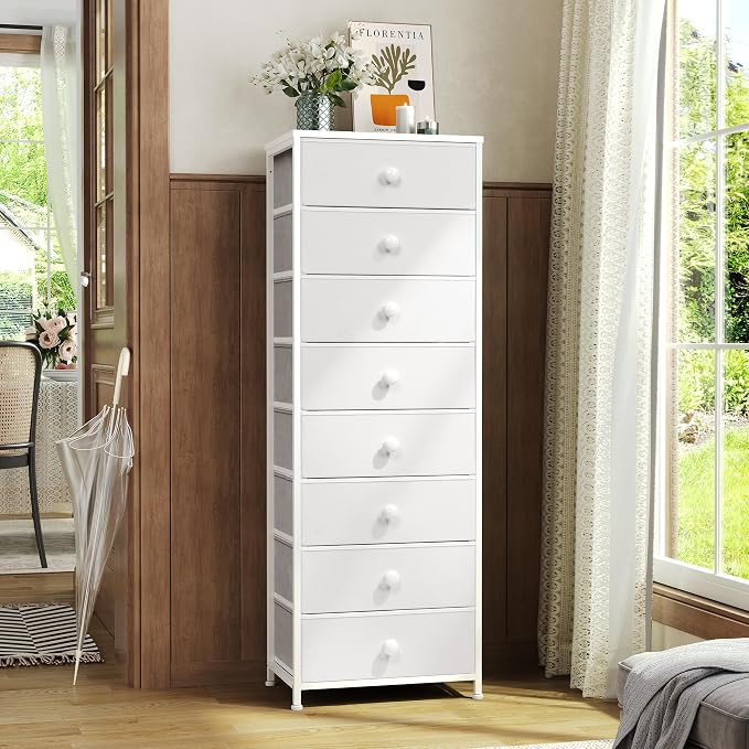 Fabric Dresser for Bedroom, 8 Drawer Tall Vertical Skinny Tower | Wooden Top - Image 2
