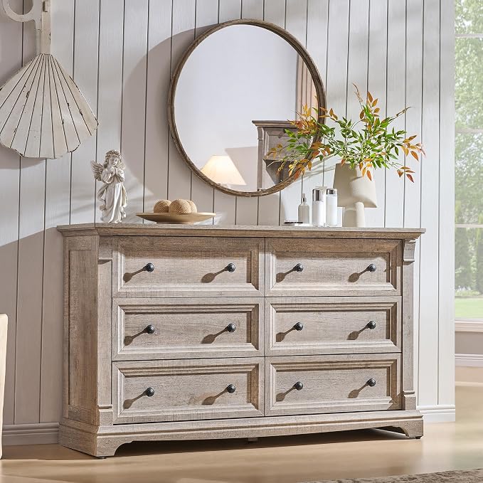 Farmhouse 6 Drawers Dresser for Bedroom, Wooden Dresser TV Stand by T4TREAMFurniture