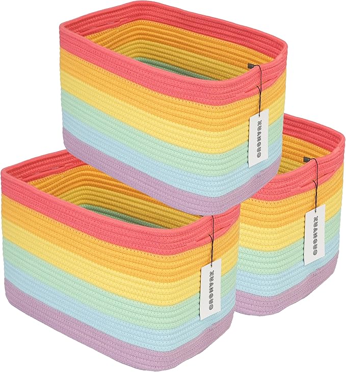3-Pack Rainbow Storage Baskets 15X10X9.3“ – Woven Toy Organizer Bins by XUANGUO