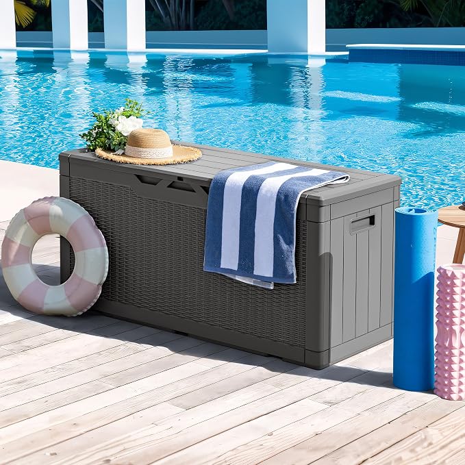 Greesum 100 Gallon Resin Deck Box Large Outdoor Storage, Imitation Rattan Weave - Image 3