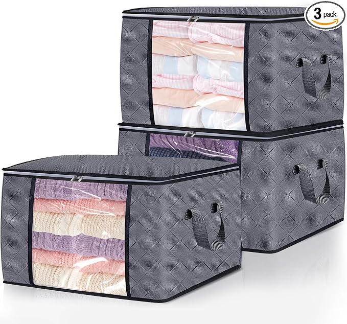 3 Pack Clothes Storage Bags, 90L Large Blanket Storage Bag Comforter Storage Bin by BiCINE