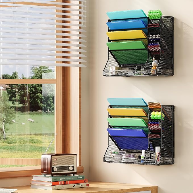 File Organizer Wall Mounted, 4 Tiers Durable Adjustable Metal Desk Organizer - Image 3