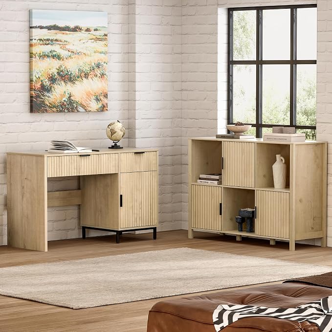 Fluted Storage Bookshelf Set of 2, Modern Wood Floor 6 Cube Bookcase - Image 6