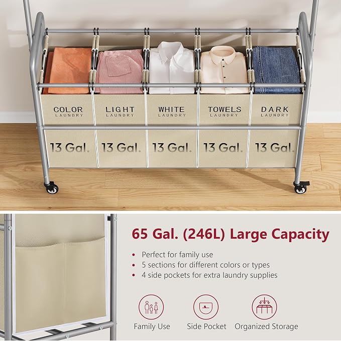 Tajsoon Laundry Sorter with Hanging Bar, 5 Bag Laundry Sorter with Wheels - Image 4