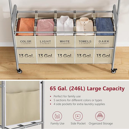 Tajsoon Laundry Sorter with Hanging Bar, 5 Bag Laundry Sorter with Wheels - Image 4
