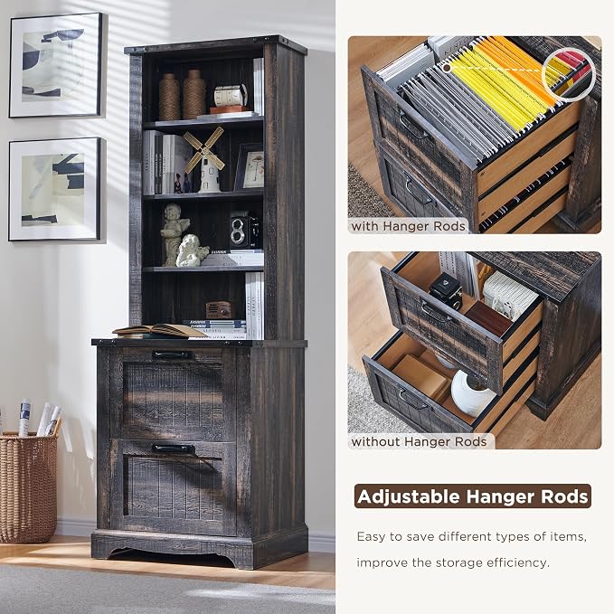 RedLemon Bookcase with 2 File Drawers, 4 Tier Rustic Wood Bookshelf with Cabinet - Image 5