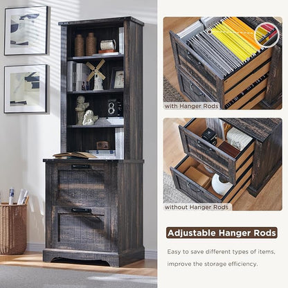 RedLemon Bookcase with 2 File Drawers, 4 Tier Rustic Wood Bookshelf with Cabinet - Image 5