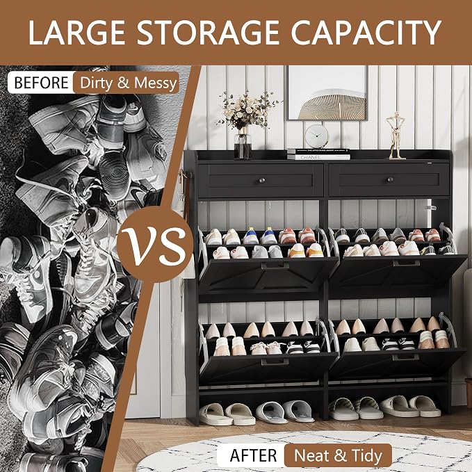 Shoe Cabinet with 4 Flip Drawers & 2 Top Drawers, Hidden Slim Shoe Rack - Image 7