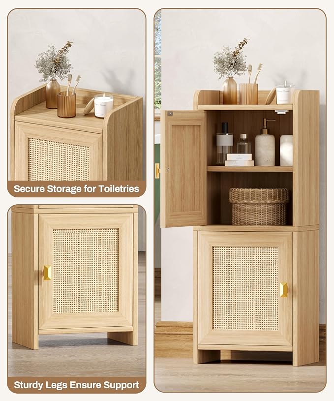 Akxomel Rattan Small Bathroom Cabinet Narrow Toilet Paper Organizer Oak | - Image 7