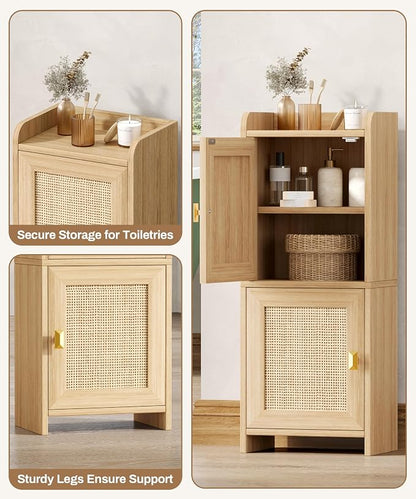 Akxomel Rattan Small Bathroom Cabinet Narrow Toilet Paper Organizer Oak | - Image 7