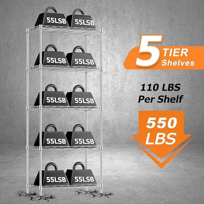 Storage Shelves, 21.3" W x 11.8" D x 58.5" H Wire Shelving Unit Loads 550LBS - Image 4