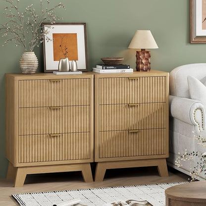 Fluted Nightstand with 3 Storage Drawers, Mid Century Modern Wooden Side Table - Image 7