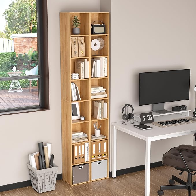 8-Cube Storage Organizer Bookcase, Oak Tall Narrow Bookshelf, Freestanding Open - Image 5