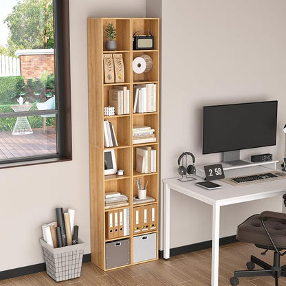 8-Cube Storage Organizer Bookcase, Oak Tall Narrow Bookshelf, Freestanding Open - Image 5