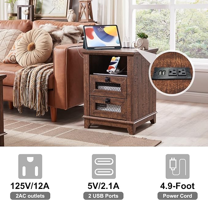 Nightstand with Charging Station, OKD 18'' Industrial & Farmhouse End Table - Image 5