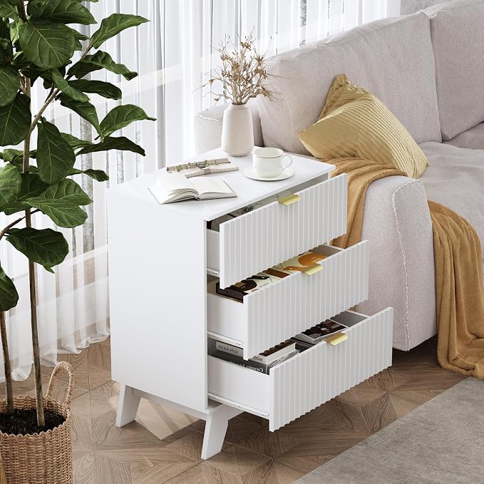 Night Stand Set 2, Bedside Table & End Table, Mid Century Modern Fluted Wood - Image 4