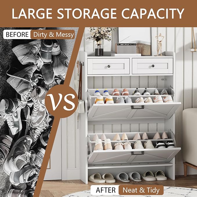 Shoe Cabinet with 2 Flip Drawers & 2 Top Drawers, Hidden Slim Shoe Rack - Image 7