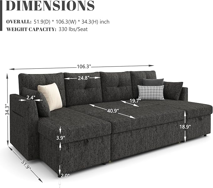 Huatean Home Oversized Sleeper Sofa Couch, 110 inch 2 in 1 Pullout Couch Bed - Image 3