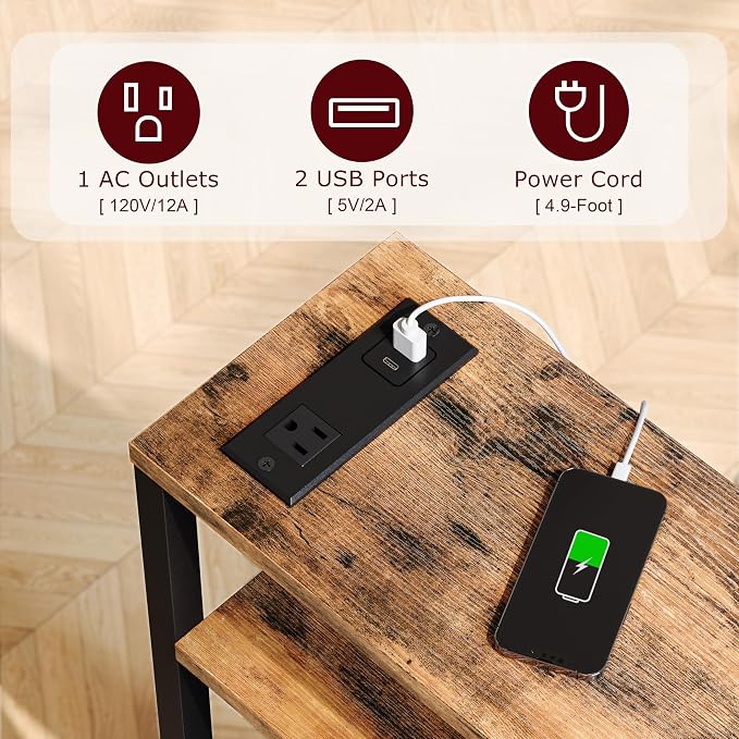 Narrow Side Table with Charging Station Slim End Table Sofa with Magazine Rack - Image 4