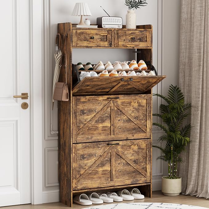 Shoe Cabinet with 3 Flip Drawers & 2 Top Drawers, Hidden Slim Shoe Rack by Xixini