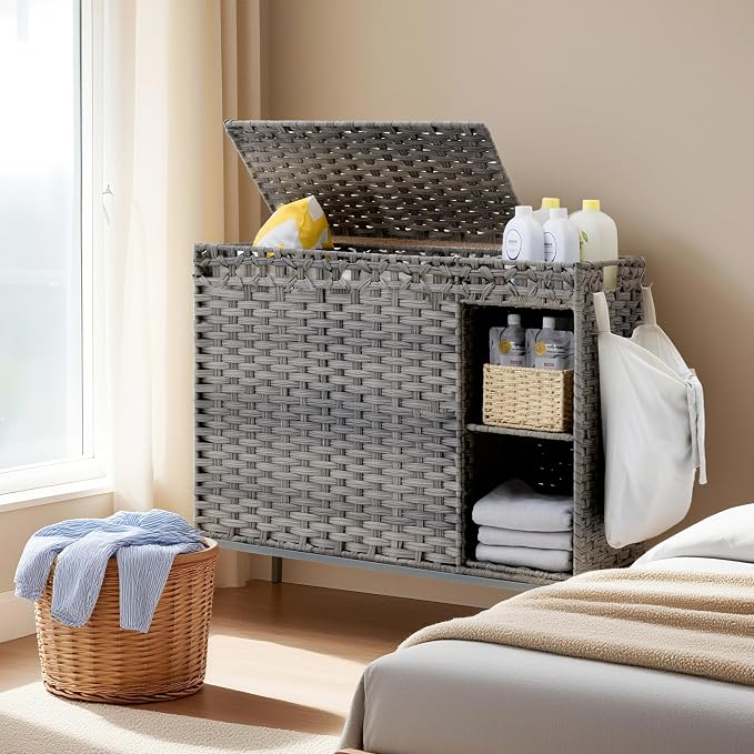 Laundry Hamper with Lid, 130L Rattan Laundry Hamper 3 Section with 50L Storage - Image 8