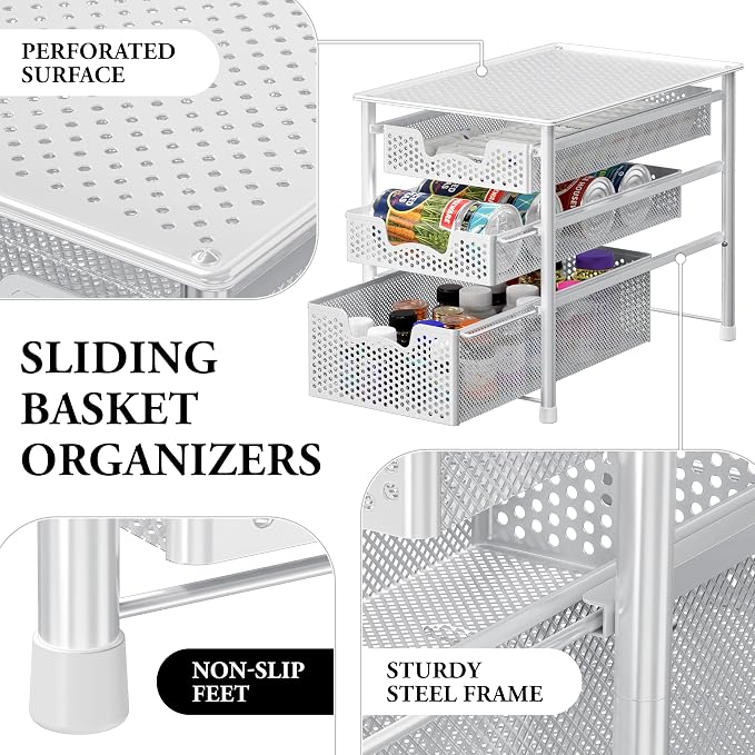Simple Houseware 3 Tier White Alloy Steel Sliding Basket Organizer Drawer - Image 4